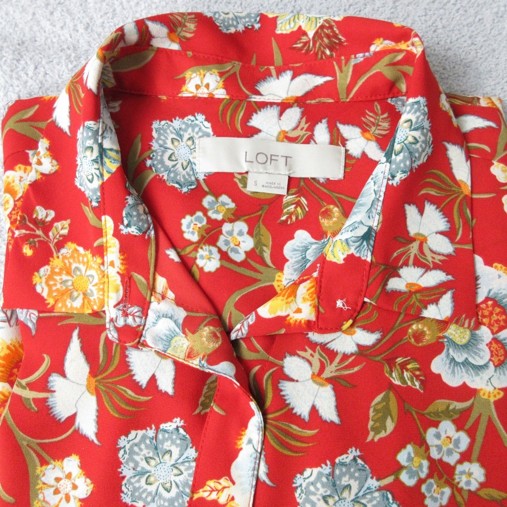 LOFT Floral Print Button Up Shirt Blouse Red Career Casual Size Small